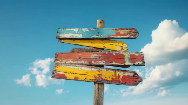 Worn wooden signpost with colorful peeling paint under bright blue sky and fluffy clouds, evoking rustic weathered outdoor charm and vintage atmosphere in nature scene