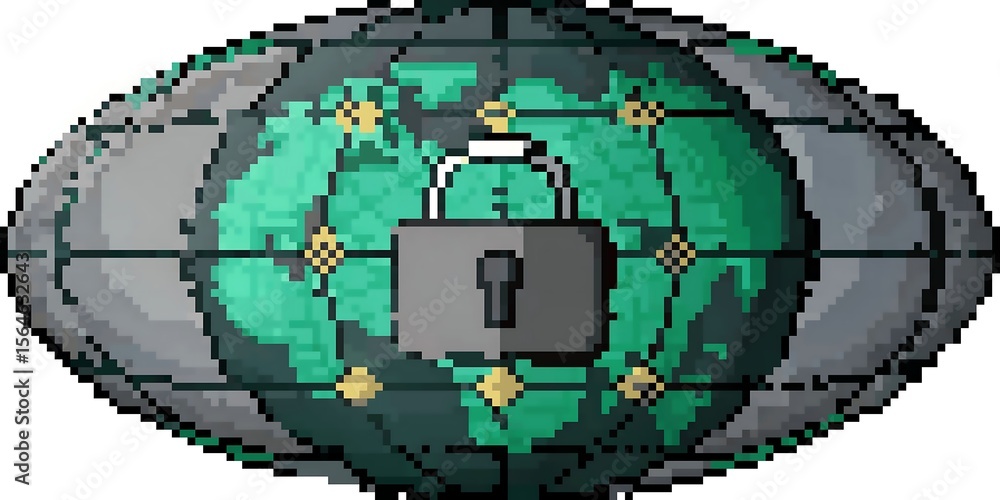 Poster a pixelated globe with a padlock symbolizes global internet security isolated on white background.