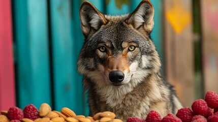 Majestic wolf portrait displays wild beauty with nuts and vibrant red raspberries