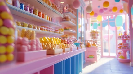 Sweet treats galore populate this delightful candy shop interior scene