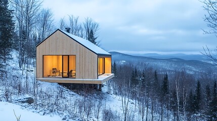Winter cabin retreat offers stunning mountain views from a modern architectural marvel.