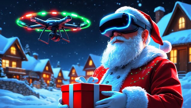 Santa Claus with drone and virtual reality headset