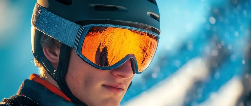 Young man wearing ski helmet and goggles enjoying winter mountain snow outdoors with cold sport reflection and blue sky background in snowy landscape scene