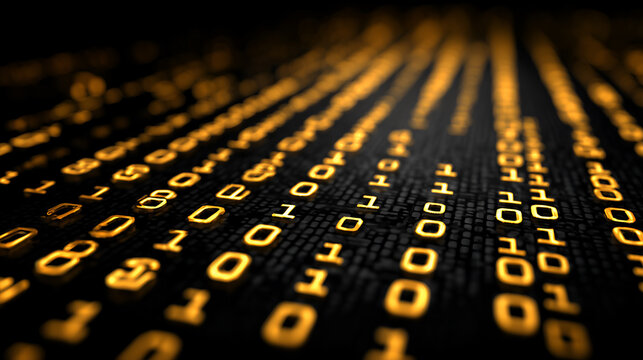 Binary code flowing in a digital stream, glowing orange on a dark background