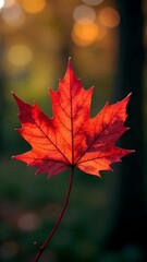 Autumn leaf in vibrant red color against a blurred background of trees during the sunset