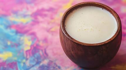 A wooden bowl filled with creamy, fresh milk against a vibrant, abstract background.
