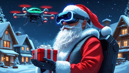 Santa with drone and virtual reality headset Santa Claus