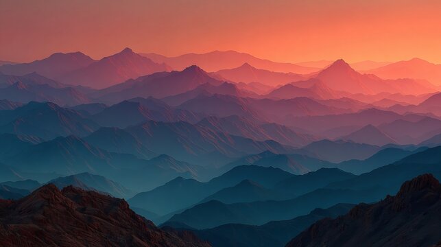 A beautiful landscape view of multiple mountain ranges at sunset with a colorful sky above them all