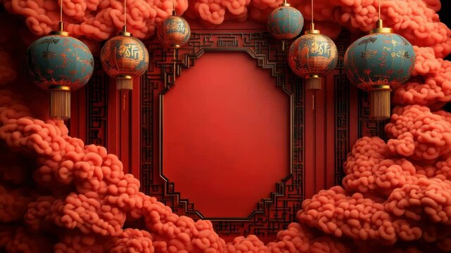 Red lantern Chinese decoration traditional festival ornate frame cloud pattern cultural celebration hanging lantern Asian art festive background decorative element vibrant colors intricate patterns