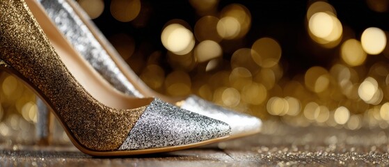 Elegant gold and silver glitter high heels on wooden surface with bokeh lights Glamorous footwear for special occasions and festive celebrations