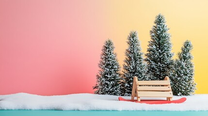 Snowy winter landscape with sled and trees evokes holiday season cheer and childlike innocence.