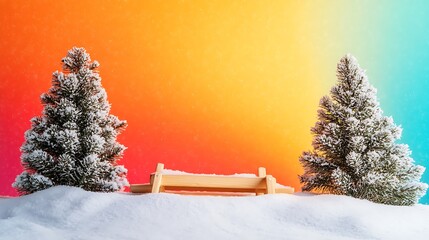 Snowy winter scene displays miniature fir trees and a tiny bench on white snow