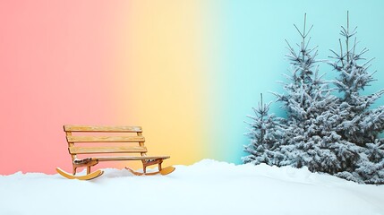 Snowy Christmas scene with fir trees and a wooden rocking bench in a studio setting