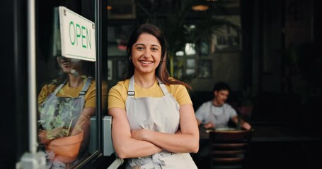Happy woman, face or waitress at open door in cafe with customer service, welcome and arms crossed. Portrait, confidence and small business owner with smile, hospitality or entrance in coffee shop