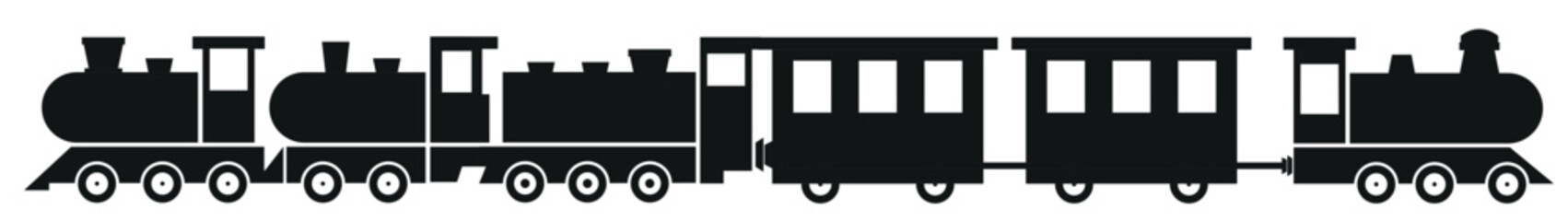 Set of railway transport. Black wagon and locomotive, Freight train with locomotive, passenger train icons collection. Black silhouette of freight trains. Vector illustration