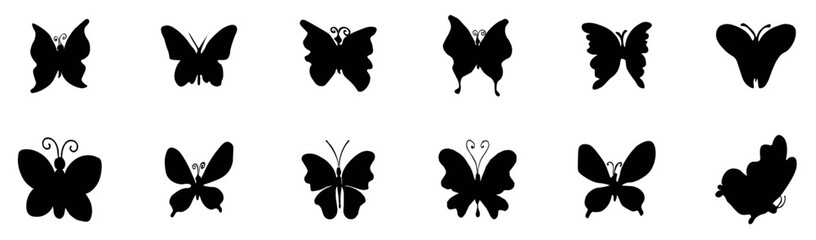 Butterfly silhouette on white background vector file. A collection of various black butterfly silhouettes in different flying and resting poses, Vector illustration