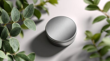 A silver metal container with a lid is placed on a surface surrounded by green leaves and branches around it