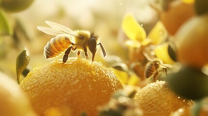 A golden honeybee rests atop a glistening orange amidst citrus fruits and blossoms