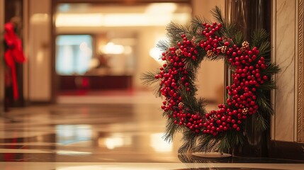 Festive Christmas wreath adorns a column in a grand hotel lobby, creating a holiday atmosphere.