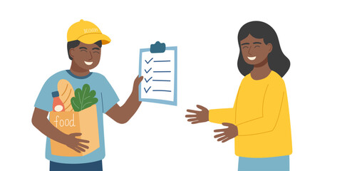 Сoncept of food delivery. The delivery person with checklist and shopping bag gives the package to the customer. Vector flat background. 