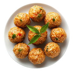 Deliciously Spiced Rice Balls Garnished with Fresh Basil on a White Plate on transparent background