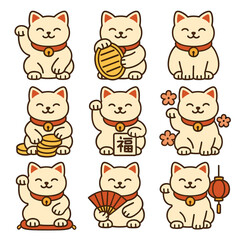 Cute cat illustrations of lucky symbols and gestures in playful style  