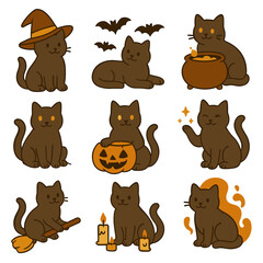 Fototapeta premium Cute black cats in various Halloween-themed poses and activities 