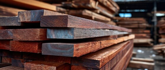 Stacked lumber planks of dark wood at a sawmill, showcasing the texture and grain for construction and woodworking projects