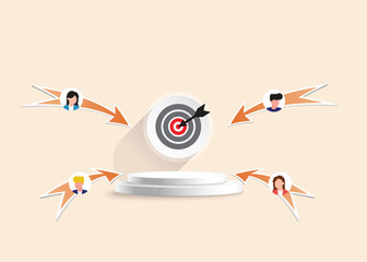 Target audience marketing strategy concept with an arrow hitting the bullseye on a target connected to customer profile icons.	