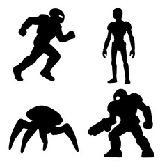 Futuristic Robot Silhouette Icon Set - Black and White Vector Collection with Transparent Background
