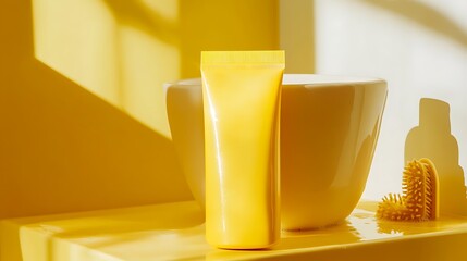Bright yellow tube for skincare product on a counter with bathing accessories