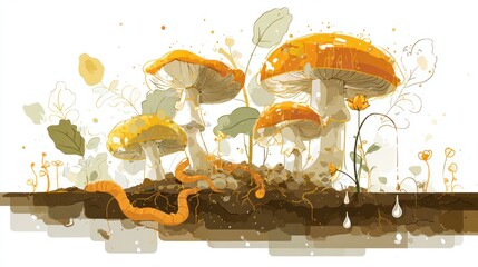 Vibrant fungi and earthworms in a lush garden