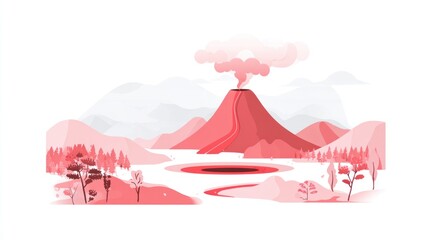 Pastel landscape with a volcano erupting