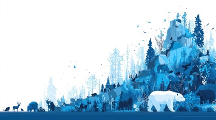 Blue forest landscape with animals