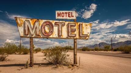 Vintage Motel Sign Against a Desert Landscape Under Blue Sky