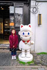 Wuxi, China - December 5, 2024 Little girl with the cat  giant figure statue at the Huishan ancient Town.