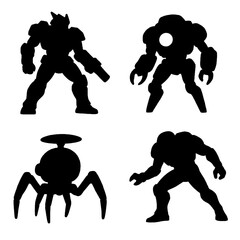 Futuristic Robot Silhouette Icon Set - Black and White Vector Collection with Transparent Background