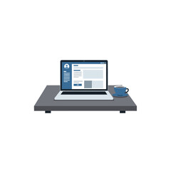 Fototapeta premium Laptop displaying profile page with a blue coffee cup on a gray desk.