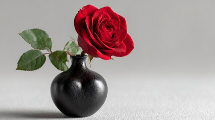 A single red rose with green leaves in a small black vase against a light gray background studio shot