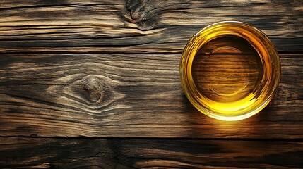 Golden beverage shimmers in a glass on rustic dark wood grain surface