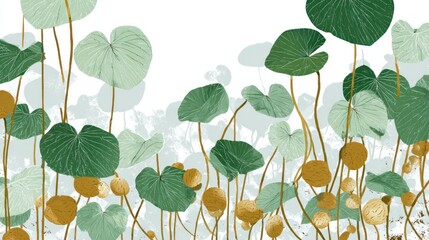 A serene botanical display of stylized leaves in muted greens and golds against a white backdrop