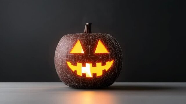 halloween concept. A glowing Jack-o'-lantern pumpkin with a geometric pattern sits on a gray surface against a dark background.
