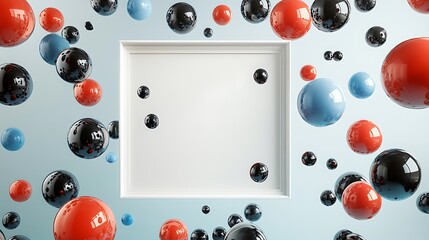Vibrant spheres float around a white frame against soft blue for a modern concept.