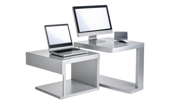 Modern metallic desk stand supporting devices isolated on solid white background in Png