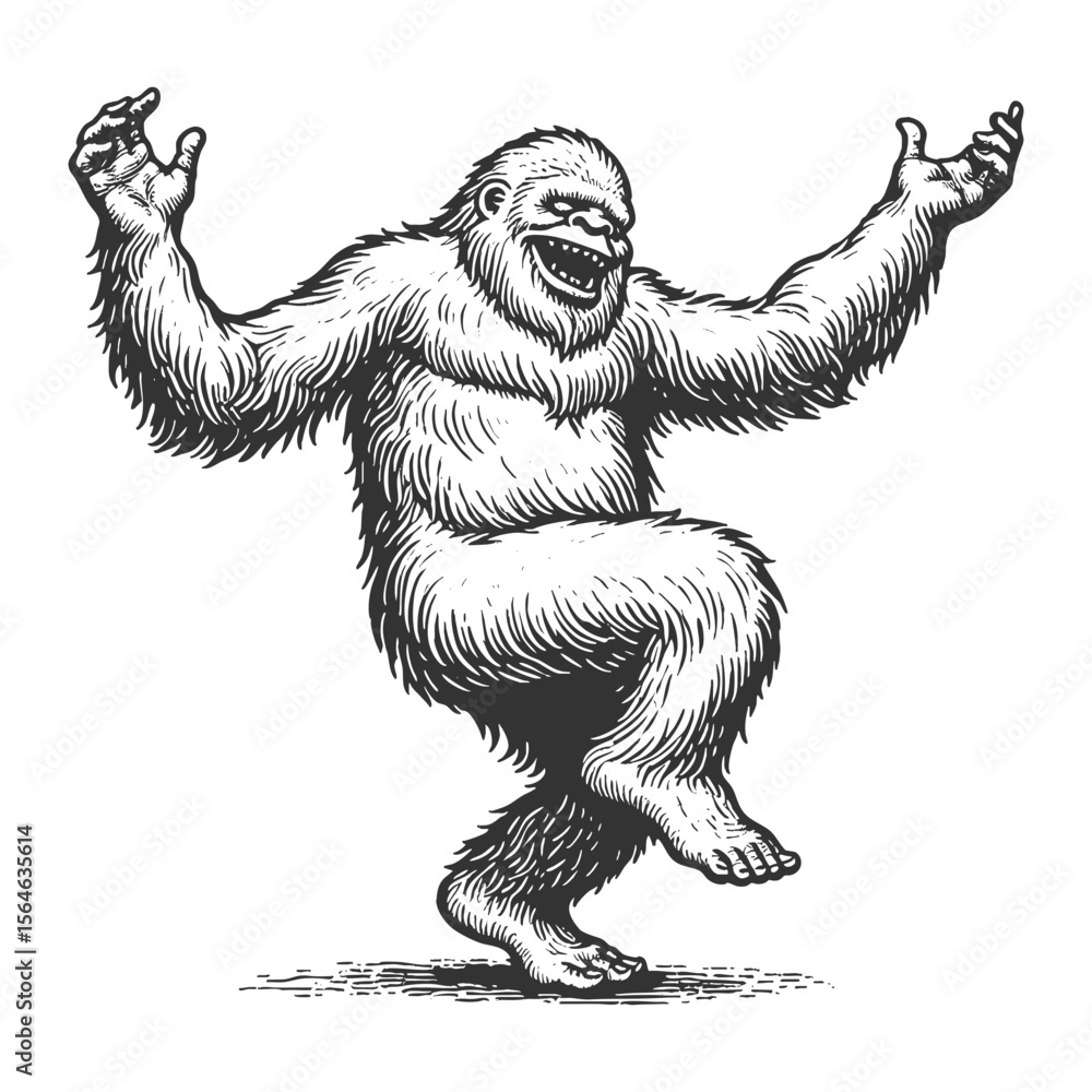 Poster dancing yeti sketch engraving generative ai fictional character vector illustration. scratch board i
