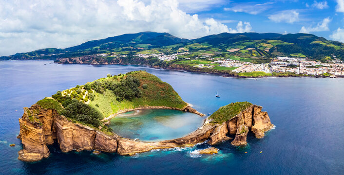 Sao Miguel island, Azzore. aerial view of Vila Franca do Campo and amazing volcanic islet with perfect round shape. Portugal travel must - visit places