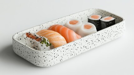 A tray of assorted sushi including salmon nigiri and maki rolls presented on a speckled tray on white background