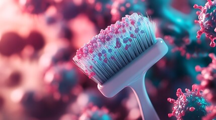 Conceptual rendition showing brush sweeping away pink, blue and purple colored virus particles