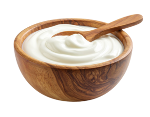 Yogurt in wooden bowl isolated in transparent background