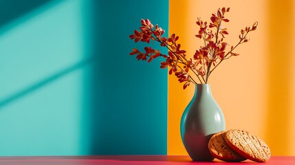Autumnal composition featuring cookies, a vase, and foliage against a colorful backdrop.